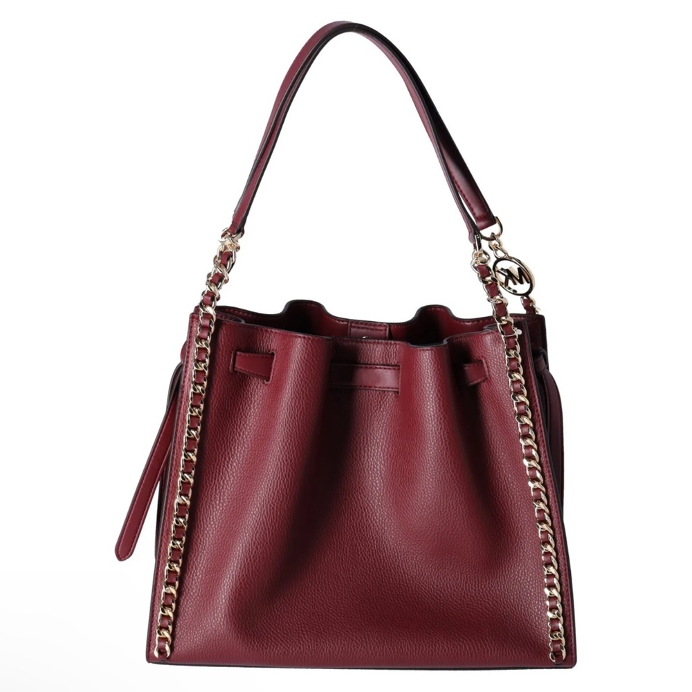 Michael Kors Mina Large Chain Shoulder Bag Hobo Tote Dark Cherry Pebbled Leather - Picture 5 of 8